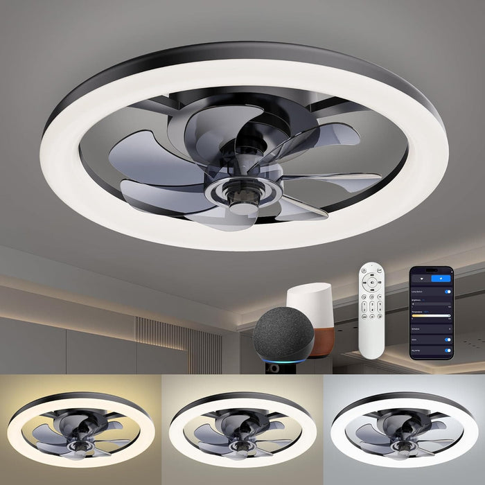16 in. Black Low Profile Ceiling Fan and Light Remote, Small Modern Flush Mount Bladeless Ceiling Fan, Round Dimmable Reversible Ceiling Fan for Bedroom-18-ErisView