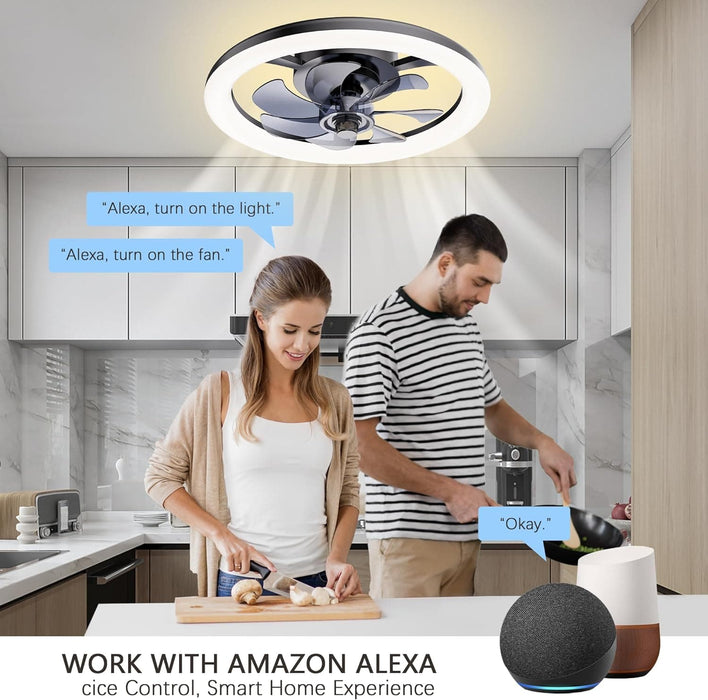 16 in. Black Low Profile Ceiling Fan and Light Remote, Small Modern Flush Mount Bladeless Ceiling Fan, Round Dimmable Reversible Ceiling Fan for Bedroom-19-ErisView