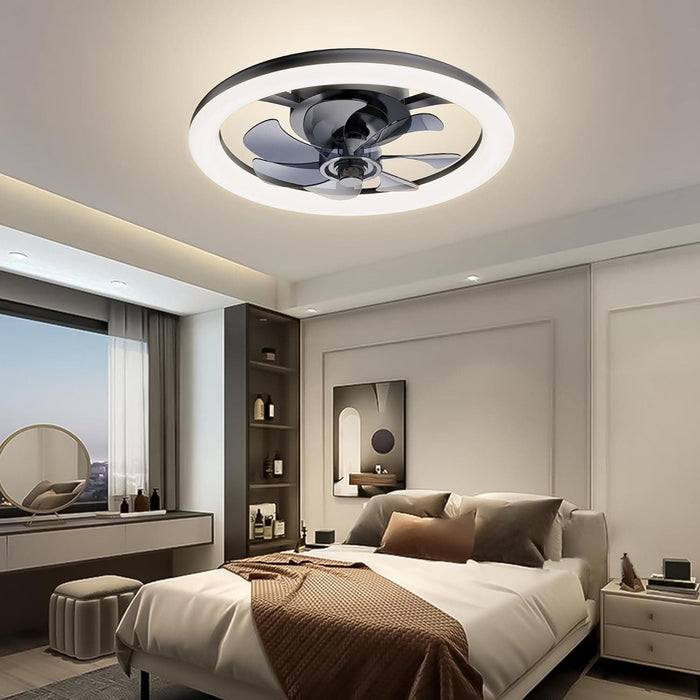 16 in. Black Low Profile Ceiling Fan and Light Remote, Small Modern Flush Mount Bladeless Ceiling Fan, Round Dimmable Reversible Ceiling Fan for Bedroom-20-ErisView