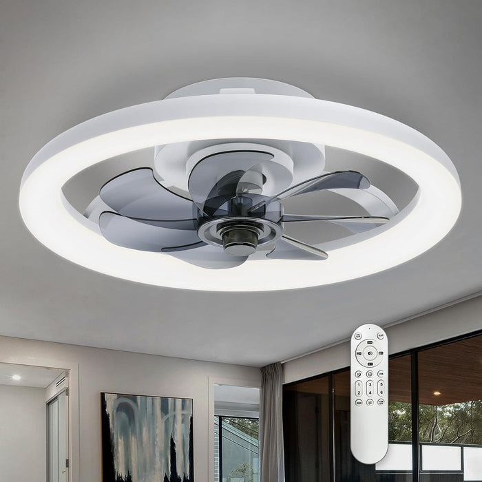 16 in. Black Low Profile Ceiling Fan and Light Remote, Small Modern Flush Mount Bladeless Ceiling Fan, Round Dimmable Reversible Ceiling Fan for Bedroom-21-ErisView