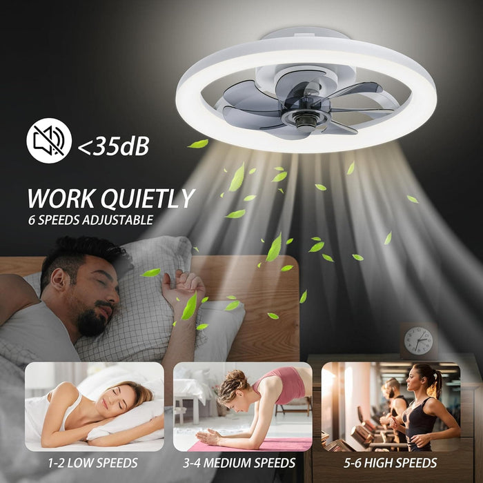 16 in. Black Low Profile Ceiling Fan and Light Remote, Small Modern Flush Mount Bladeless Ceiling Fan, Round Dimmable Reversible Ceiling Fan for Bedroom-23-ErisView