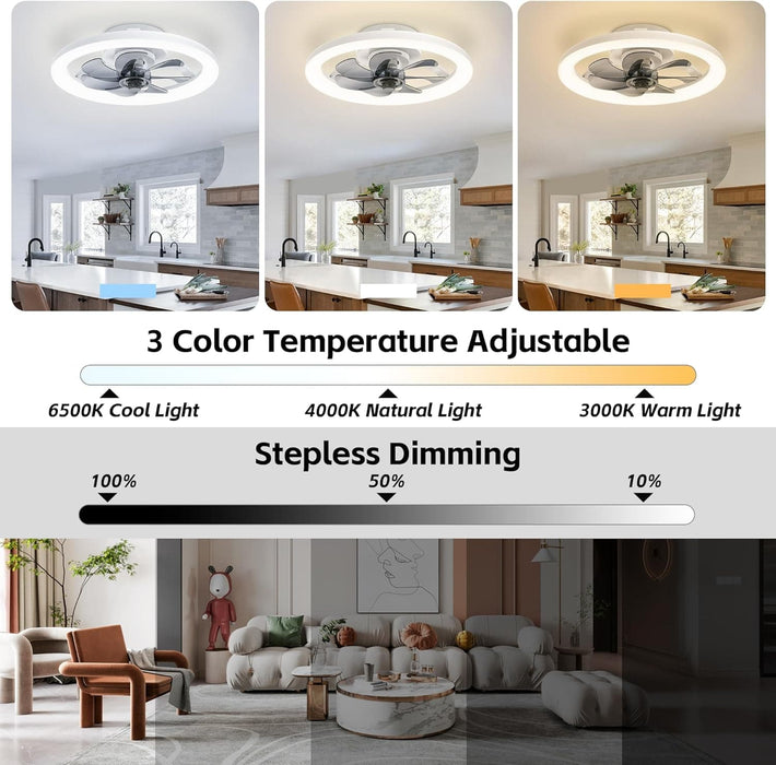 16 in. Black Low Profile Ceiling Fan and Light Remote, Small Modern Flush Mount Bladeless Ceiling Fan, Round Dimmable Reversible Ceiling Fan for Bedroom-24-ErisView