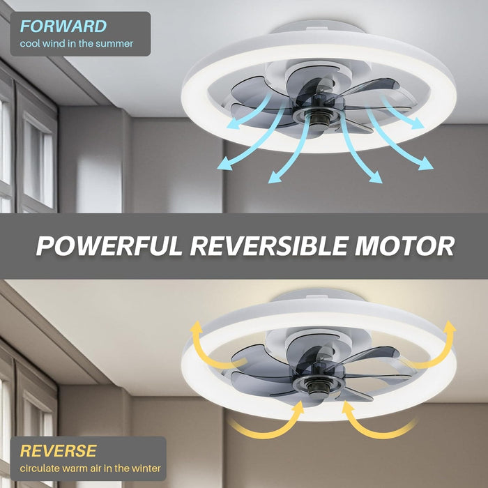 16 in. Black Low Profile Ceiling Fan and Light Remote, Small Modern Flush Mount Bladeless Ceiling Fan, Round Dimmable Reversible Ceiling Fan for Bedroom-25-ErisView