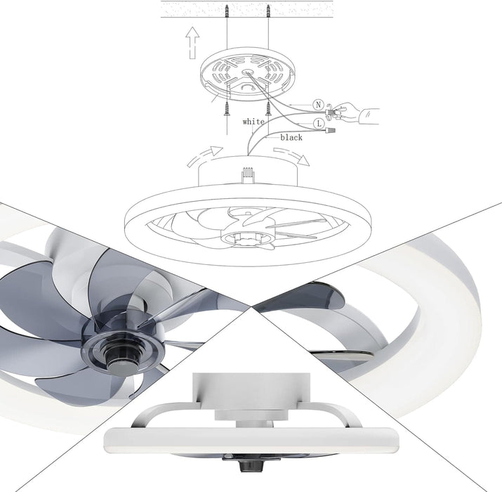 16 in. Black Low Profile Ceiling Fan and Light Remote, Small Modern Flush Mount Bladeless Ceiling Fan, Round Dimmable Reversible Ceiling Fan for Bedroom-26-ErisView