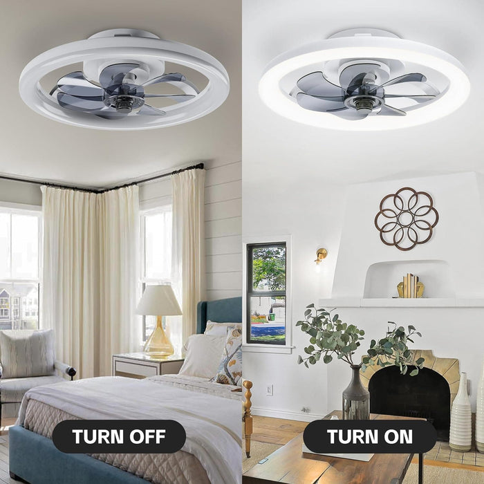 16 in. Black Low Profile Ceiling Fan and Light Remote, Small Modern Flush Mount Bladeless Ceiling Fan, Round Dimmable Reversible Ceiling Fan for Bedroom-27-ErisView