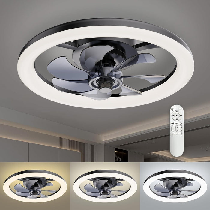16 in. Black Low Profile Ceiling Fan and Light Remote, Small Modern Flush Mount Bladeless Ceiling Fan, Round Dimmable Reversible Ceiling Fan for Bedroom-2-ErisView