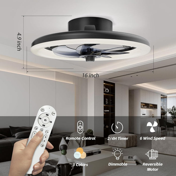 16 in. Black Low Profile Ceiling Fan and Light Remote, Small Modern Flush Mount Bladeless Ceiling Fan, Round Dimmable Reversible Ceiling Fan for Bedroom-3-ErisView