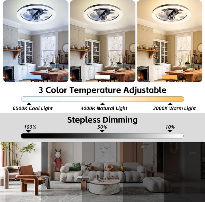 16 in. Black Low Profile Ceiling Fan and Light Remote, Small Modern Flush Mount Bladeless Ceiling Fan, Round Dimmable Reversible Ceiling Fan for Bedroom-5-ErisView