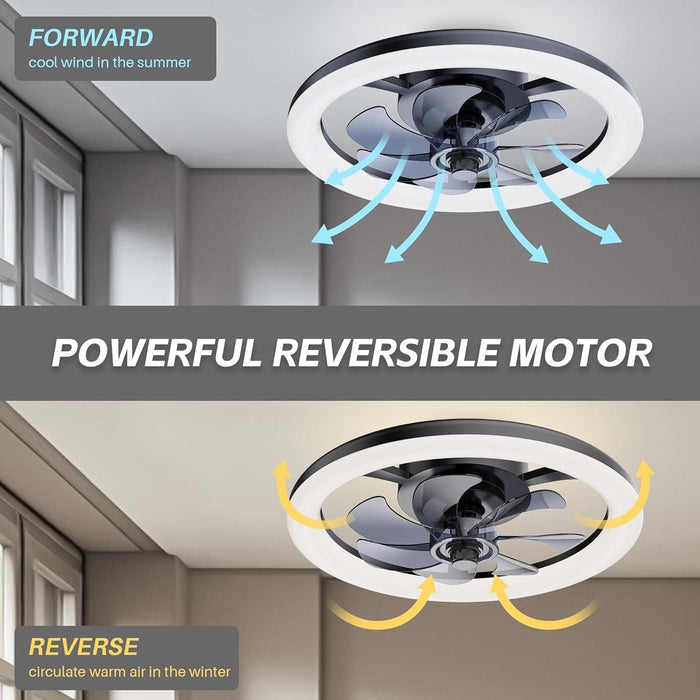 16 in. Black Low Profile Ceiling Fan and Light Remote, Small Modern Flush Mount Bladeless Ceiling Fan, Round Dimmable Reversible Ceiling Fan for Bedroom-6-ErisView