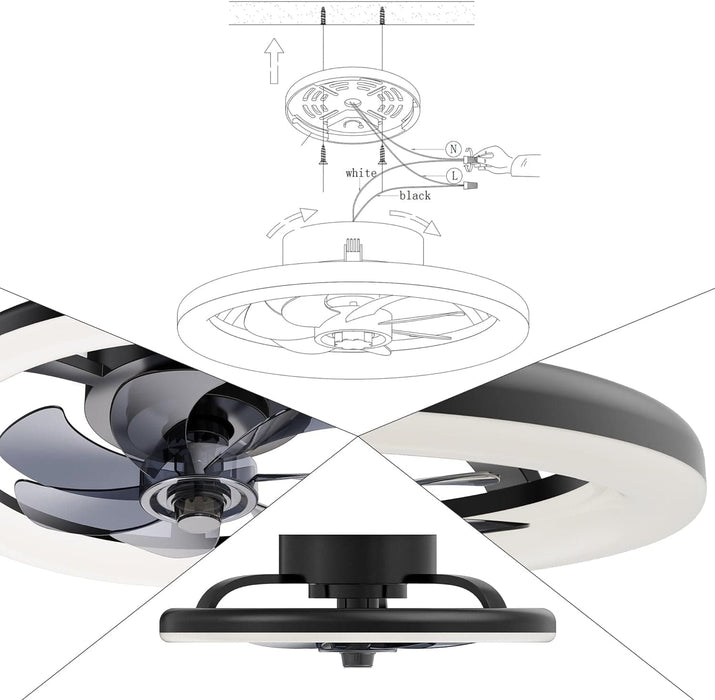 16 in. Black Low Profile Ceiling Fan and Light Remote, Small Modern Flush Mount Bladeless Ceiling Fan, Round Dimmable Reversible Ceiling Fan for Bedroom-7-ErisView