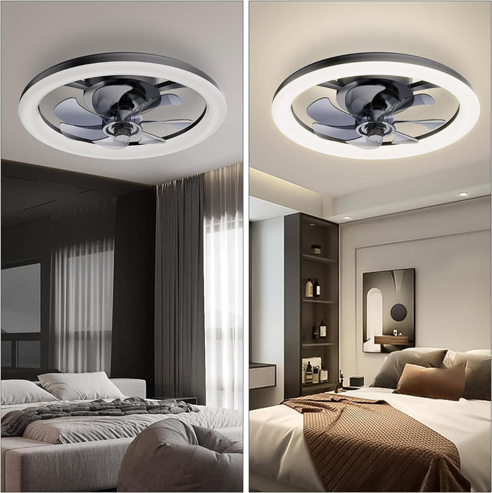 16 in. Black Low Profile Ceiling Fan and Light Remote, Small Modern Flush Mount Bladeless Ceiling Fan, Round Dimmable Reversible Ceiling Fan for Bedroom-8-ErisView