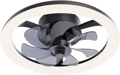 16 in. Black Low Profile Ceiling Fan and Light Remote, Small Modern Flush Mount Bladeless Ceiling Fan, Round Dimmable Reversible Ceiling Fan for Bedroom-1-ErisView