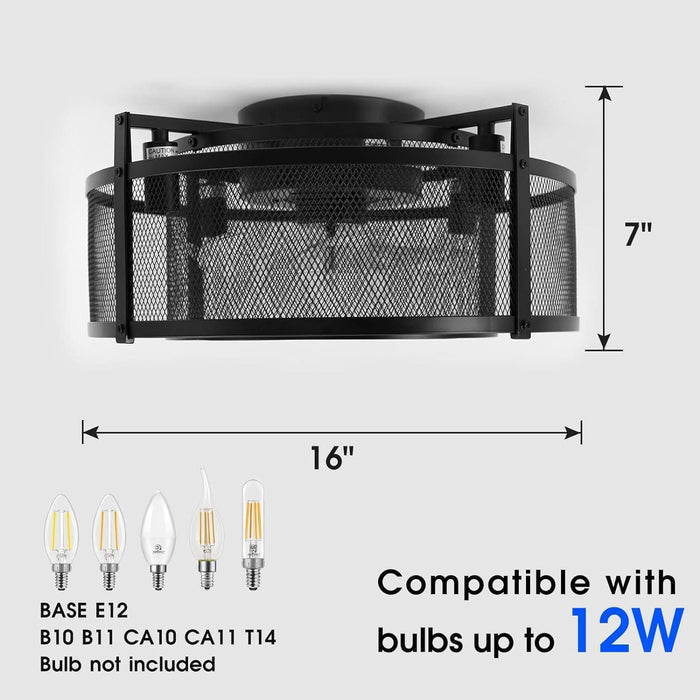 16 in. Caged Ceiling Fan with Light and Remote, Black Reversible Enclosed Ceiling Fan, Industrial Flush Mount Ceiling Fan for Bedroom Living Room Kitchen-2-ErisView