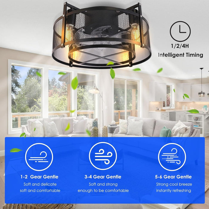 16 in. Caged Ceiling Fan with Light and Remote, Black Reversible Enclosed Ceiling Fan, Industrial Flush Mount Ceiling Fan for Bedroom Living Room Kitchen-4-ErisView