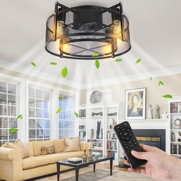 16 in. Caged Ceiling Fan with Light and Remote, Black Reversible Enclosed Ceiling Fan, Industrial Flush Mount Ceiling Fan for Bedroom Living Room Kitchen-1-ErisView