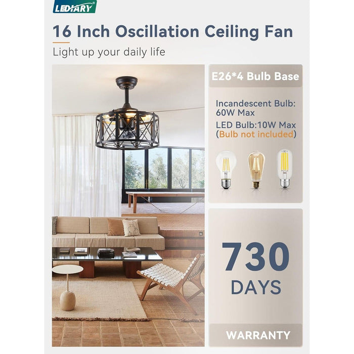 16 in. Caged Fandelier Ceiling Fan with Light and Remote, 360¡ã Oscillating Ceiling Fan, Small Black Farmhouse Ceiling Fan for Kitchen Living Room-5-ErisView