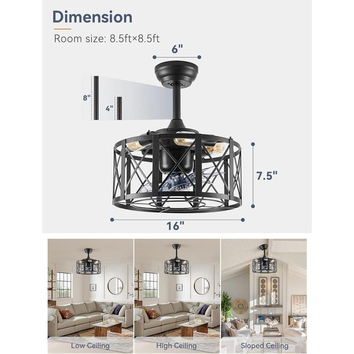 16 in. Caged Fandelier Ceiling Fan with Light and Remote, 360¡ã Oscillating Ceiling Fan, Small Black Farmhouse Ceiling Fan for Kitchen Living Room-6-ErisView