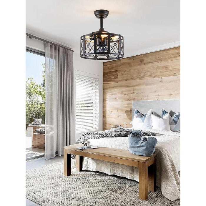 16 in. Caged Fandelier Ceiling Fan with Light and Remote, 360¡ã Oscillating Ceiling Fan, Small Black Farmhouse Ceiling Fan for Kitchen Living Room-7-ErisView