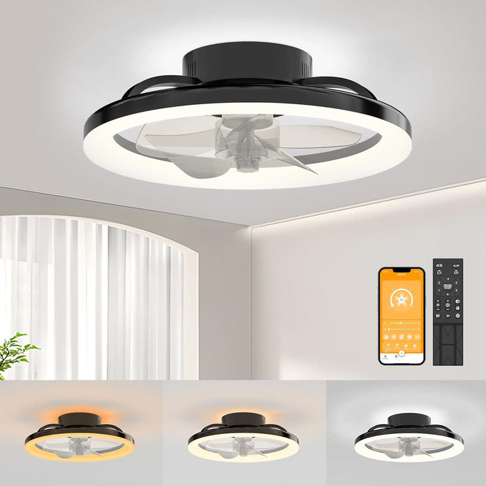 16 in. White Ceiling Fan, Bladeless Modern Ceiling Fans with Lights and Remote, Low Profile Fandelier Flush Mount and Light for Bedroom-10-ErisView