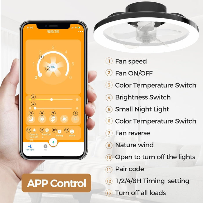 16 in. White Ceiling Fan, Bladeless Modern Ceiling Fans with Lights and Remote, Low Profile Fandelier Flush Mount and Light for Bedroom-17-ErisView
