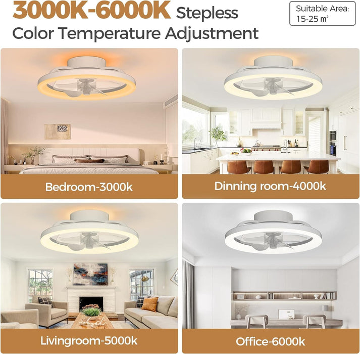 16 in. White Ceiling Fan, Bladeless Modern Ceiling Fans with Lights and Remote, Low Profile Fandelier Flush Mount and Light for Bedroom-2-ErisView