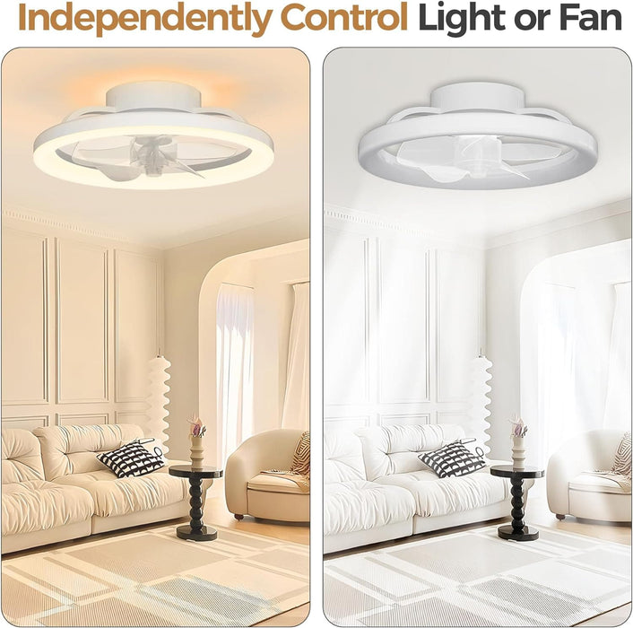 16 in. White Ceiling Fan, Bladeless Modern Ceiling Fans with Lights and Remote, Low Profile Fandelier Flush Mount and Light for Bedroom-7-ErisView