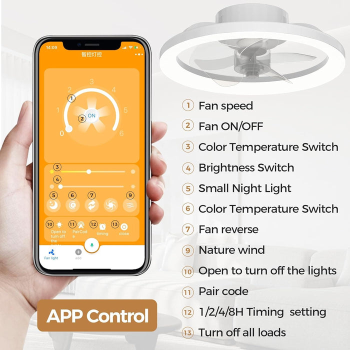 16 in. White Ceiling Fan, Bladeless Modern Ceiling Fans with Lights and Remote, Low Profile Fandelier Flush Mount and Light for Bedroom-8-ErisView