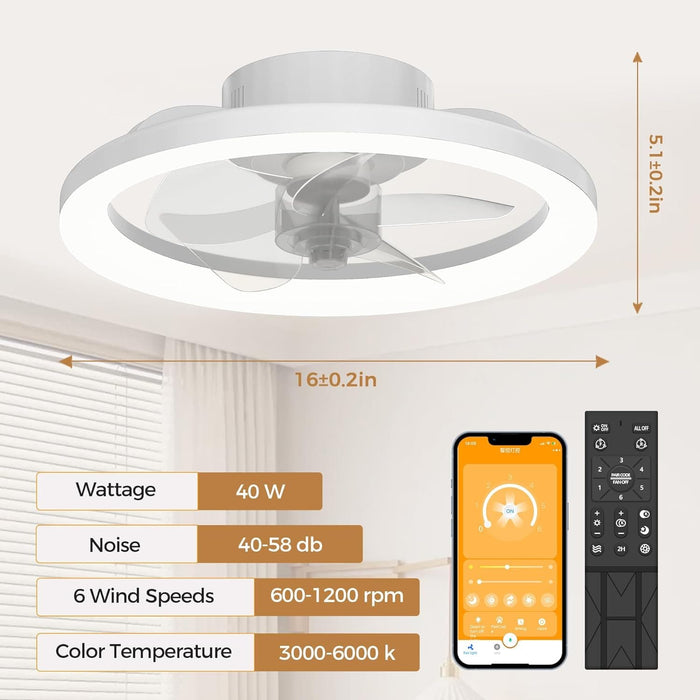 16 in. White Ceiling Fan, Bladeless Modern Ceiling Fans with Lights and Remote, Low Profile Fandelier Flush Mount and Light for Bedroom-9-ErisView