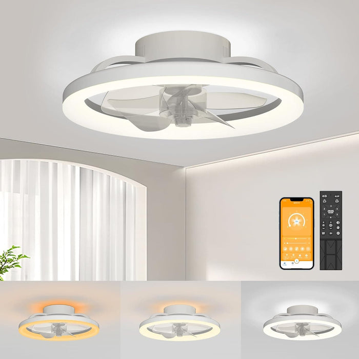 16 in. White Ceiling Fan, Bladeless Modern Ceiling Fans with Lights and Remote, Low Profile Fandelier Flush Mount and Light for Bedroom-1-ErisView