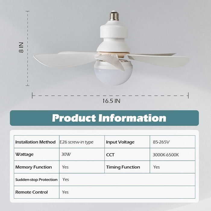 16.5 in. Bedroom Ceiling Fans with Lights, White Screw Ceiling Fans Light with Remote, Dimmable Small Ceiling Fan for Garage Bathroom Bedroom Kitchen -4-ErisView