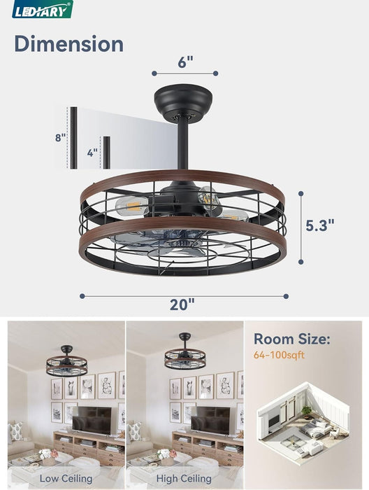 16.5 in. Caged Ceiling Fan with Light, Bladeless Industrial Rustic Farmhouse Ceiling Fans, Remote Control Fan, Metal Blade Fan Light Fixtures-13-ErisView