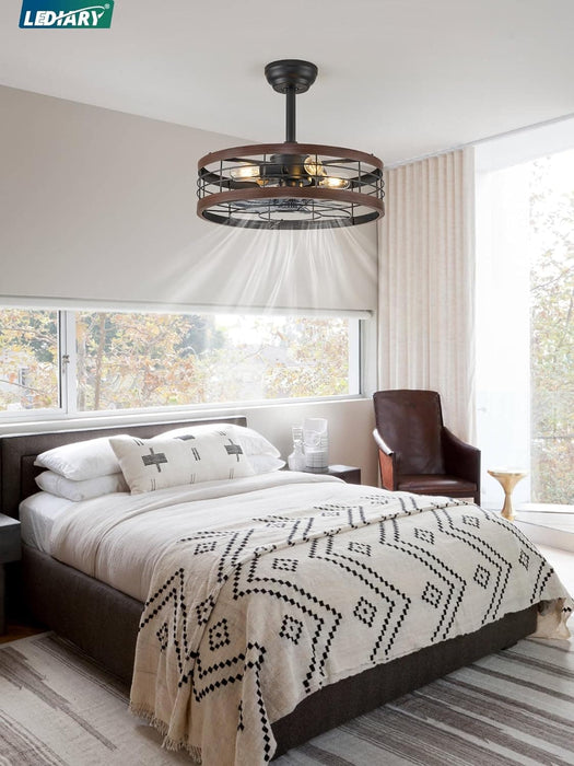 16.5 in. Caged Ceiling Fan with Light, Bladeless Industrial Rustic Farmhouse Ceiling Fans, Remote Control Fan, Metal Blade Fan Light Fixtures-14-ErisView