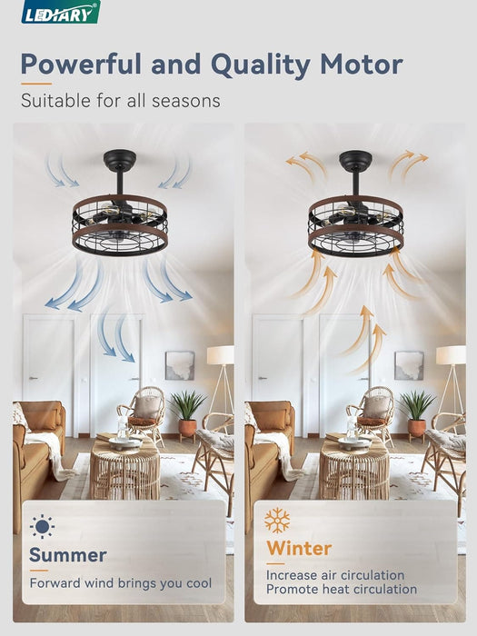 16.5 in. Caged Ceiling Fan with Light, Bladeless Industrial Rustic Farmhouse Ceiling Fans, Remote Control Fan, Metal Blade Fan Light Fixtures-3-ErisView