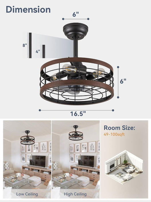 16.5 in. Caged Ceiling Fan with Light, Bladeless Industrial Rustic Farmhouse Ceiling Fans, Remote Control Fan, Metal Blade Fan Light Fixtures-6-ErisView