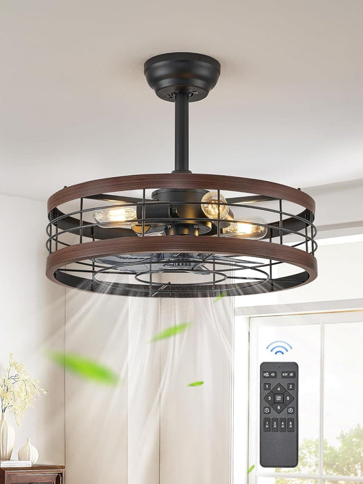 16.5 in. Caged Ceiling Fan with Light, Bladeless Industrial Rustic Farmhouse Ceiling Fans, Remote Control Fan, Metal Blade Fan Light Fixtures-8-ErisView