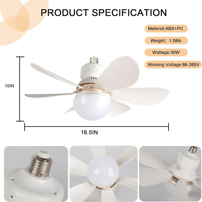 16.5 in. Socket Fan Light with Lights and Remote, Dimmable LED Ceiling Fan with Lights, Screw In Ceiling Fan for Bedroom Kitchen Living Room Closet-7-ErisView