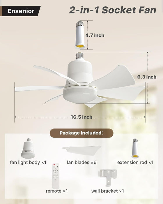 16.5 in. Socket Fan Light with Remote, Dimmable Socket Ceiling Fan for Bedroom Kitchen Living Room Fan-5-ErisView