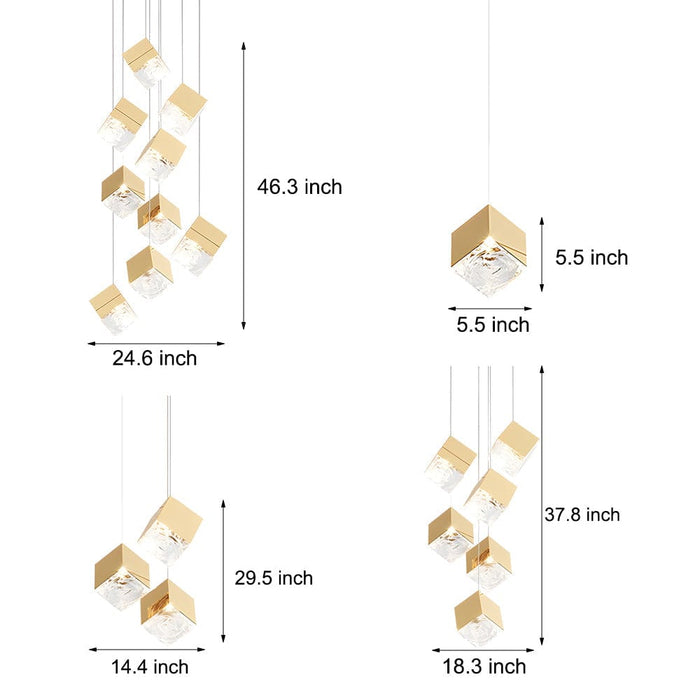 1/3/6/9-Light Multi Glass Ice Cube Metallic Staircase Chandelier in Gold/Chrome