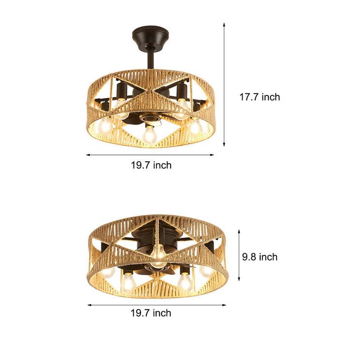 20-in Hemp Rope-Woven Caged Ceiling Fan with Light and Remote. 6-Speed