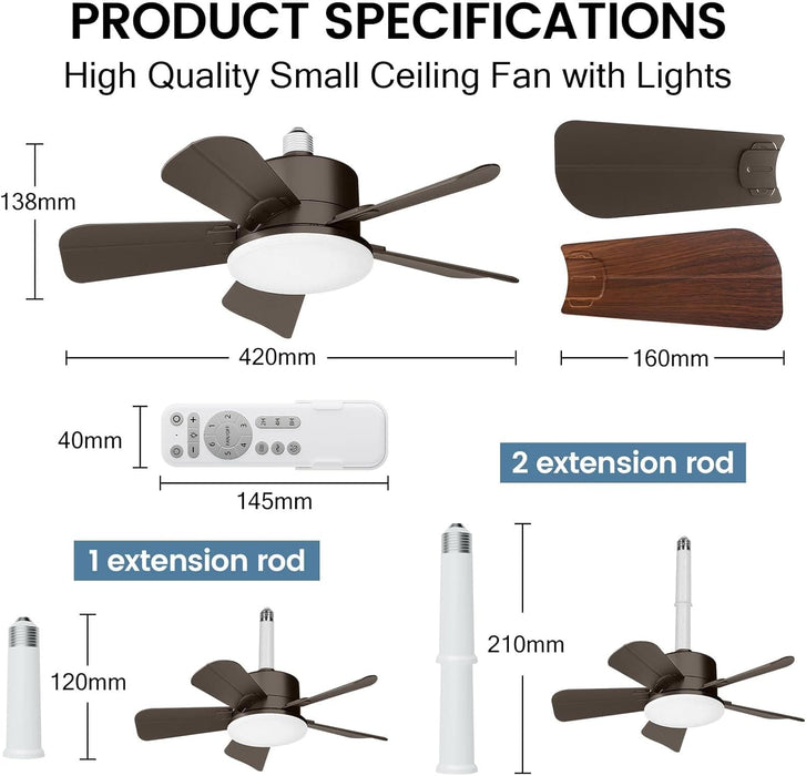 17 in. Small Ceiling Fan, Socket Fan Light and Remote, Bedroom Ceiling Fans, Kitchen Fans with Lights-8-ErisView