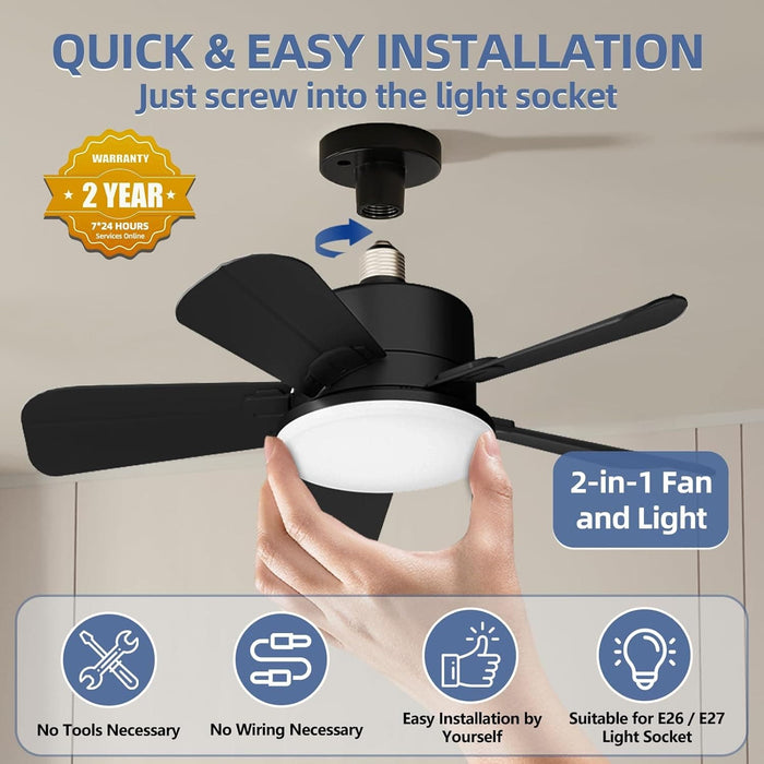 17 in. Socket Fan Light with Remote, Black Small Dimmable Ceiling Fans, Indoor Outdoor Reversible Ceiling Fan, Small Kitchen Ceiling Fan-2-ErisView