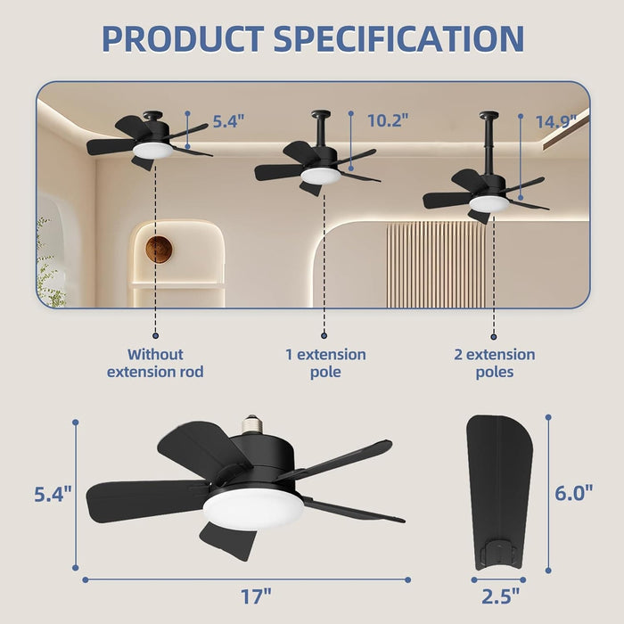 17 in. Socket Fan Light with Remote, Black Small Dimmable Ceiling Fans, Indoor Outdoor Reversible Ceiling Fan, Small Kitchen Ceiling Fan-3-ErisView