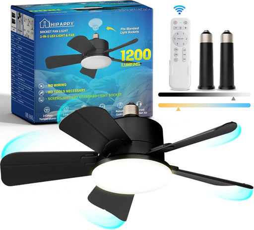 17 in. Socket Fan Light with Remote, Black Small Dimmable Ceiling Fans, Indoor Outdoor Reversible Ceiling Fan, Small Kitchen Ceiling Fan-1-ErisView