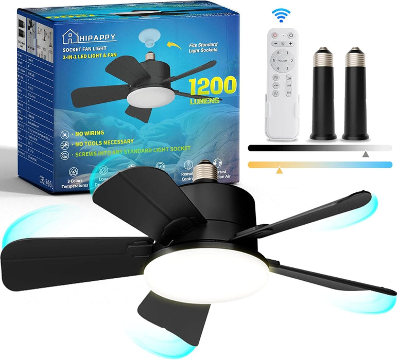 17 in. Socket Fan Light with Remote, Black Small Dimmable Ceiling Fans, Indoor Outdoor Reversible Ceiling Fan, Small Kitchen Ceiling Fan-1-ErisView