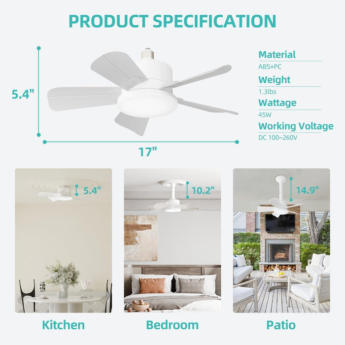 17 in. White Socket Fan Light with Remote, Screw In Wireless Ceiling Fan with Dimmable Lights for Kitchen Bathroom Tool Room, Garage Ceiling Fan-3-ErisView