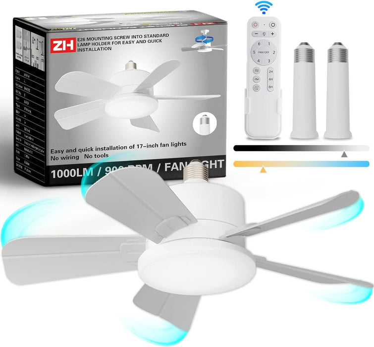 17 in. White Socket Fan Light with Remote, Screw In Wireless Ceiling Fan with Dimmable Lights for Kitchen Bathroom Tool Room, Garage Ceiling Fan-1-ErisView