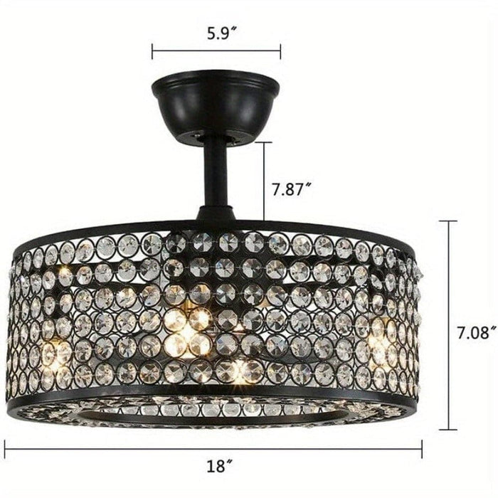 18 in. 4-Light Low Profile Ceiling Fan with Lights and Remote, Modern Black Caged Crystal Ceiling Fan, Small Enclosed Bedroom Ceiling Fan-ErisView