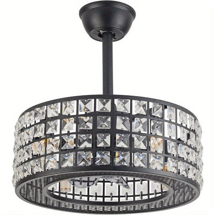 18 in. 4-Light Low Profile Ceiling Fan with Lights and Remote, Modern Black Caged Crystal Ceiling Fan, Small Enclosed Bedroom Ceiling Fan-ErisView