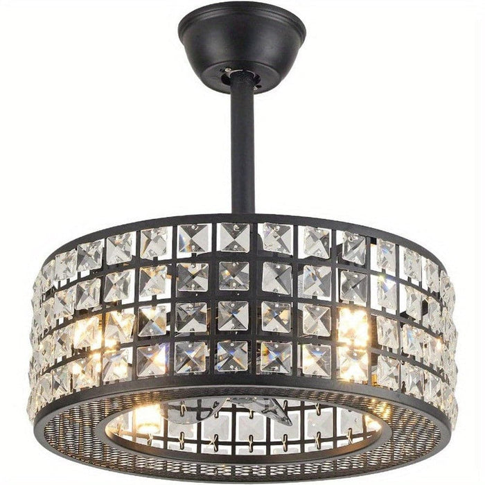 18 in. 4-Light Low Profile Ceiling Fan with Lights and Remote, Modern Black Caged Crystal Ceiling Fan, Small Enclosed Bedroom Ceiling Fan-ErisView