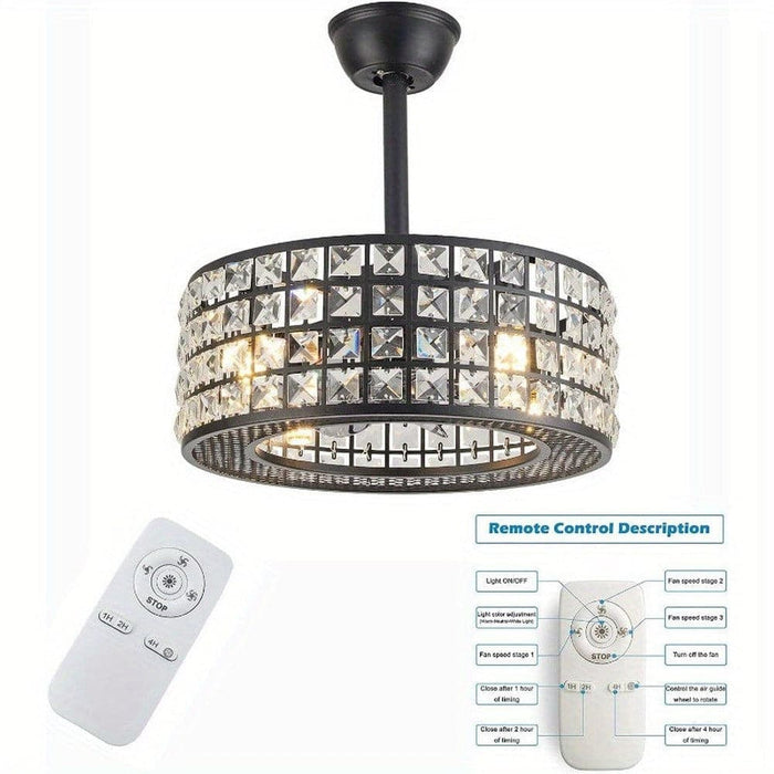 18 in. 4-Light Low Profile Ceiling Fan with Lights and Remote, Modern Black Caged Crystal Ceiling Fan, Small Enclosed Bedroom Ceiling Fan-ErisView